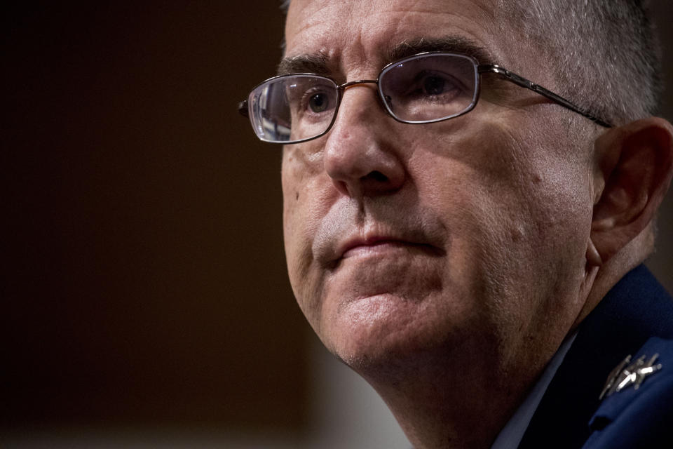 Gen. John Hyten appears before the Senate Armed Services Committee on Capitol Hill in Washington, Tuesday, July 30, 2019, for his confirmation hearing to be Vice Chairman of the Joint Chiefs of Staff. (AP Photo/Andrew Harnik)