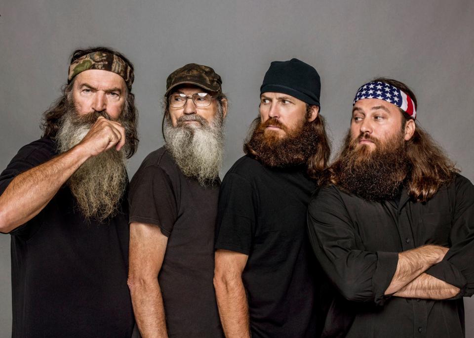 This undated image released by A&E, shows The Robertsons, from left, Phil, Si, Jase and Willie, from the reality series, "Duck Dynasty." The Las Vegas show "Duck Commander Musical," based on the popular series, premiered Wednesday, April 15, at the Rio All-Suites Hotel & Casino and tells the story of a family duck-call business that led to reality show juggernaut "Duck Dynasty." (Zach Dilgard/A&E via AP)