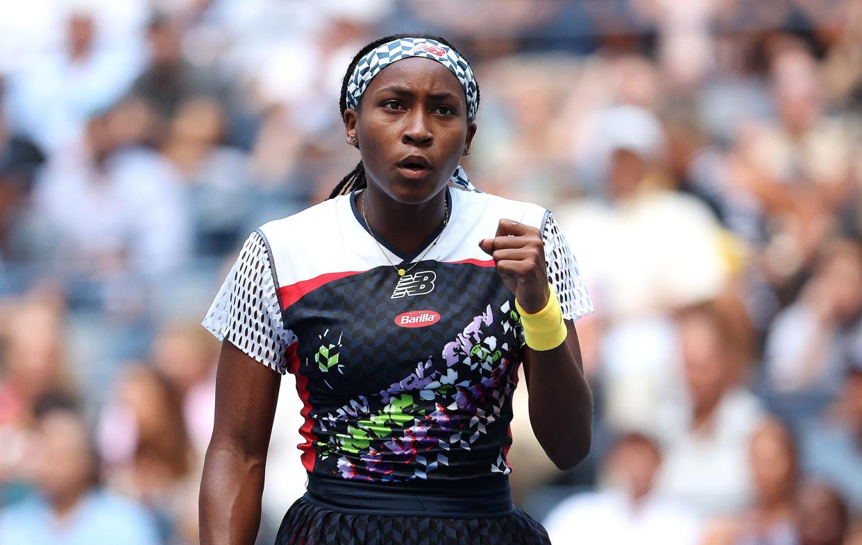 Coco Gauff of the United States celebrates against Elena Gabriela Ruse of Romania in their Women's Singles Second Round match on Day Three of the 2022 U.S. Open at USTA Billie Jean King National Tennis Center on Aug. 31, 2022, in Flushing, Queens.