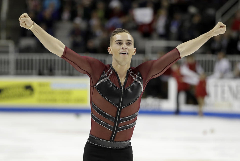 Adam Rippon performs his short program at the PyeongChang Olympics. (AP Photo)