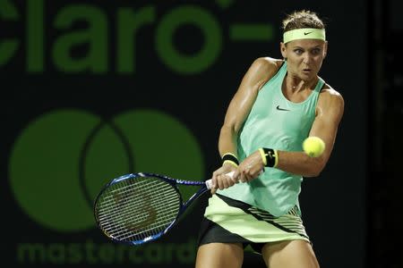 Mar 28, 2017; Miami, FL, USA; Lucie Safarova of the Czech Republic hits a backhand against Caroline Wozniacki of Denmark (not pictured) on day eight of the 2017 Miami Open at Crandon Park Tennis Center. Mandatory Credit: Geoff Burke-USA TODAY Sports