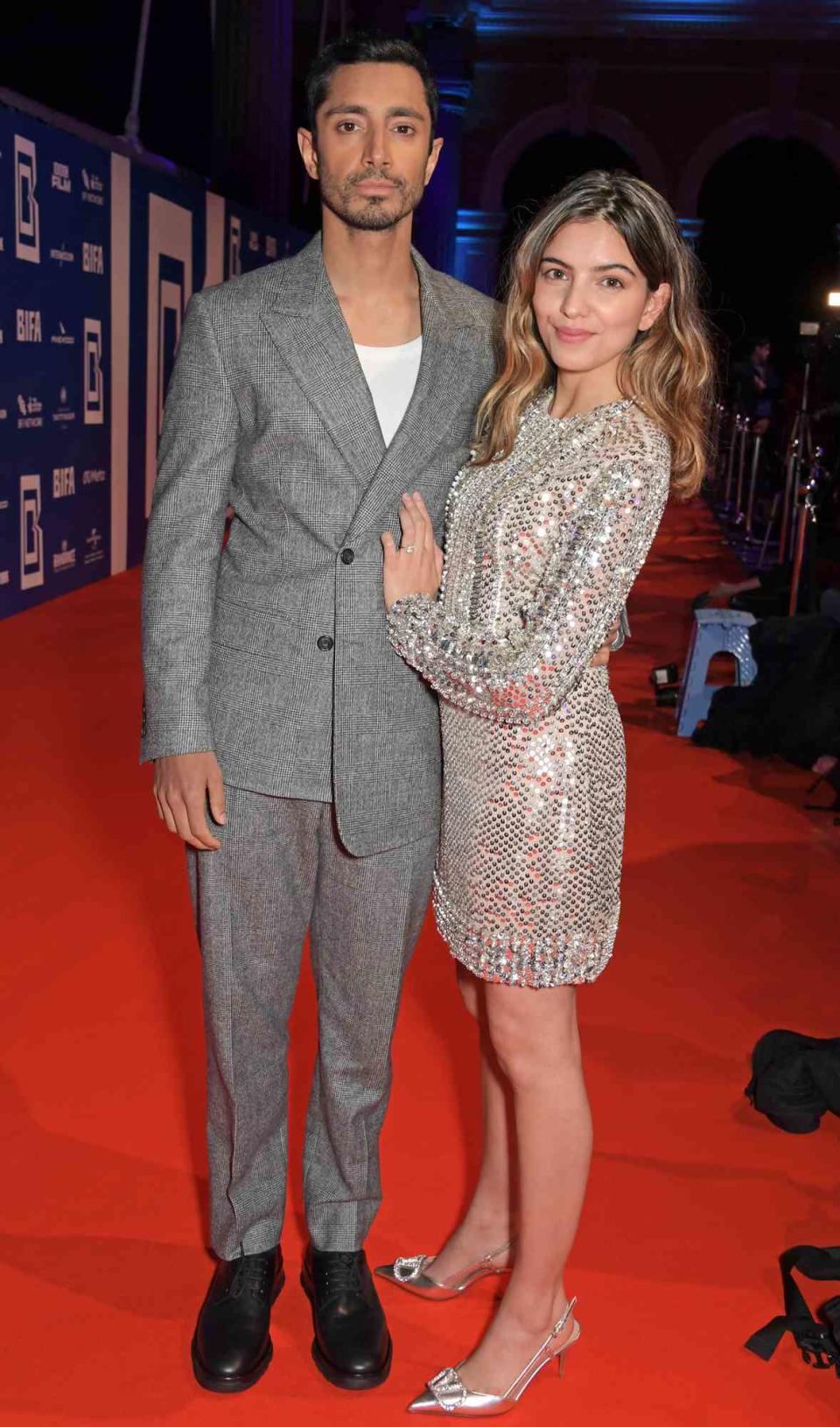 Riz Ahmed and Fatima Farheen arrive the 24th British Independent Film Awards at Old Billingsgate on December 5, 2021 in London, England