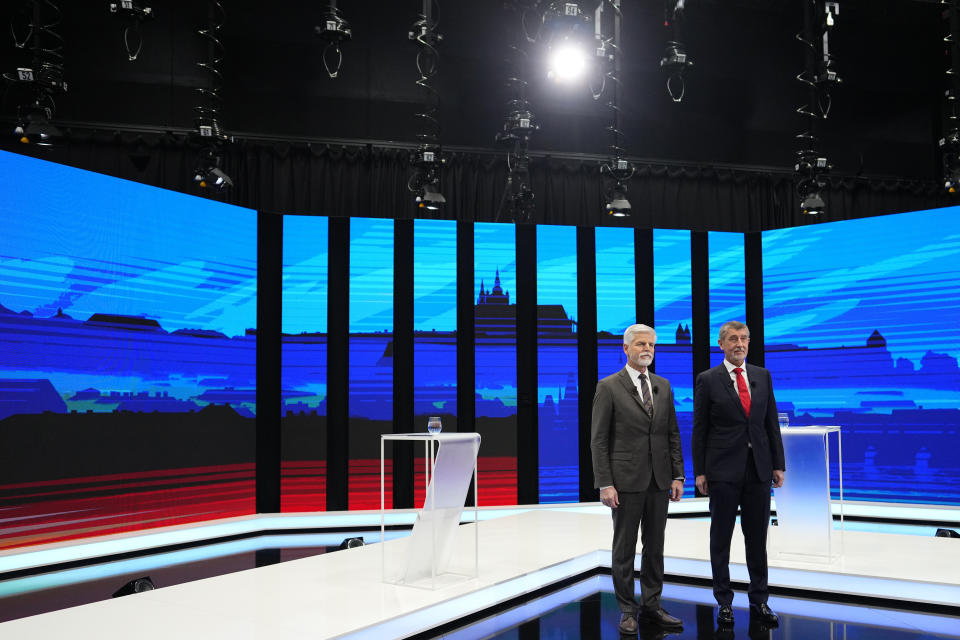 FILE - Presidential candidates, retired army Gen. Petr Pavel, left, and former Czech Republic's prime minister Andrej Babis pose for a photo prior a political debate in Prague, Czech Republic, Jan. 25, 2023. Retired army Gen. Petr Pavel is challenging populist billionaire Andrej Babis in the Czech presidential runoff vote for the largely ceremonial post that pits the political newcomer against the former prime minister. (AP Photo/Petr David Josek, File)