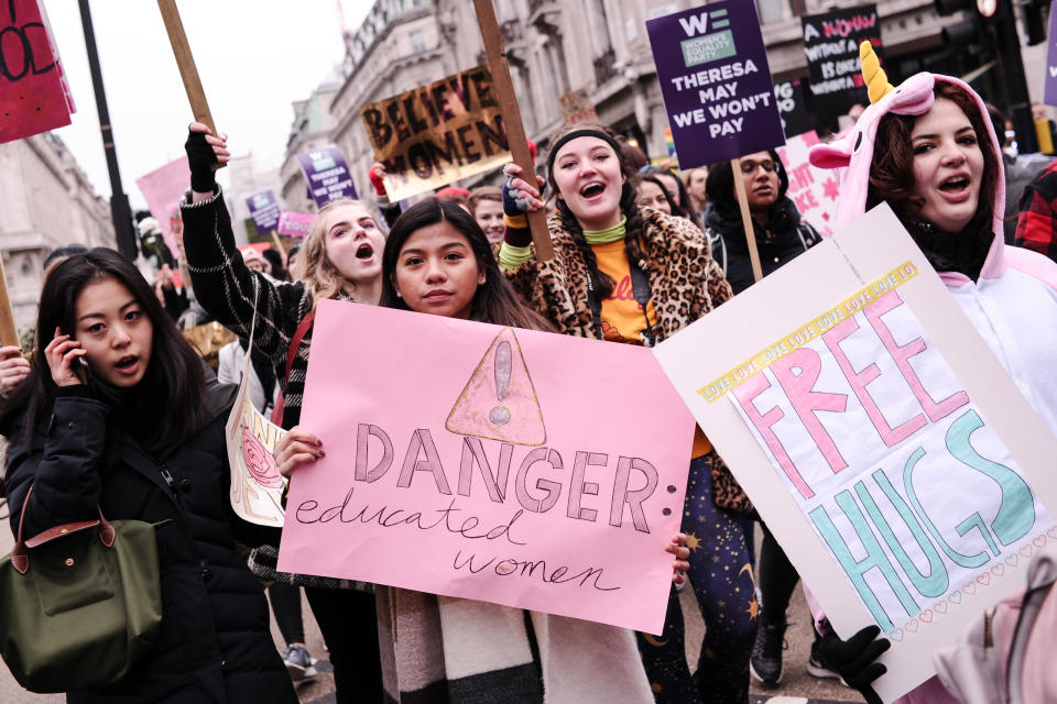 Women chant and sing as they cross Oxford Circus during the anti-austerity ‘Women’s March for Bread and Roses’ in London, England on Jan. 19, 2019. (Photo: David Cliff/NurPhoto via Getty Images)