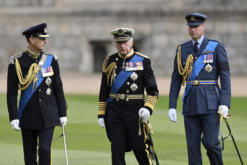 Britain's Prince Edward, King Charles III and Prince William (left to right) arrive for the Committal Service of Queen Elizabeth II at St George's Chapel, Windsor, Sept. 19, 2022. / Credit: Justin Setterfield/AP
