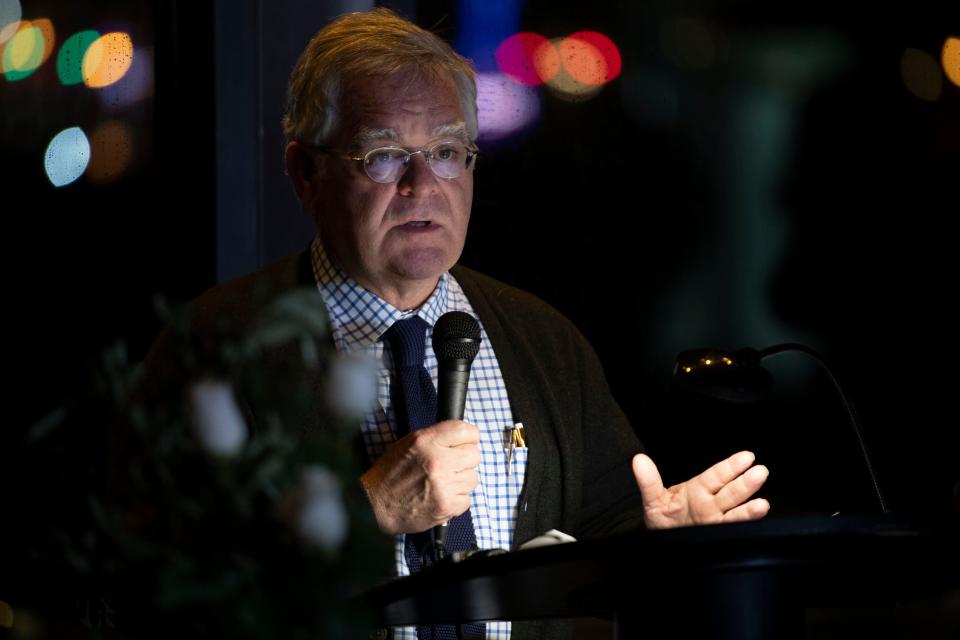 Mayor John Cooper addresses the audience during a Ceremony of Reflection for the 2020 Christmas Day Bombing on 2nd Ave.  Thursday, Dec. 16, 2021 in Nashville, Tenn. 