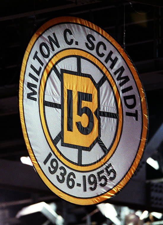 <p>BOSTON – AUGUST 18: Milt Schmidt retired number banner at the TD Garden in Boston on Aug. 18, 2000. (Photo by Mark Wilson/The Boston Globe via Getty Images) </p>
