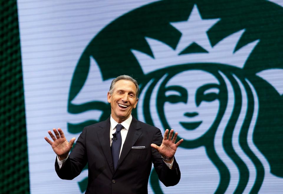 In this March 22, 2017 file photo, Starbucks CEO Howard Schultz speaks at the Starbucks annual shareholders meeting in Seattle.