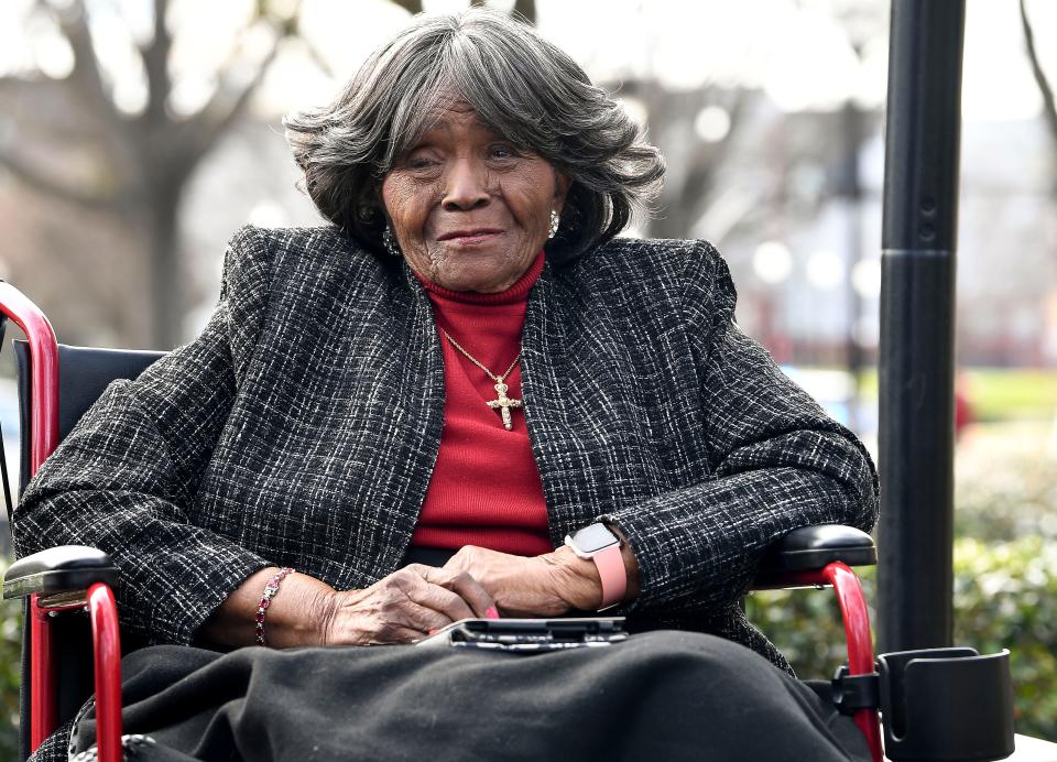 Autherine Lucy Hall was officially named and dedicated in honor of the first Black student to enroll at  the University of Alabama in a ceremony Friday, Feb. 25, 2022, in Tuscaloosa, Alabama. Autherine Lucy Foster struggles with her emotions during the dedication ceremony.