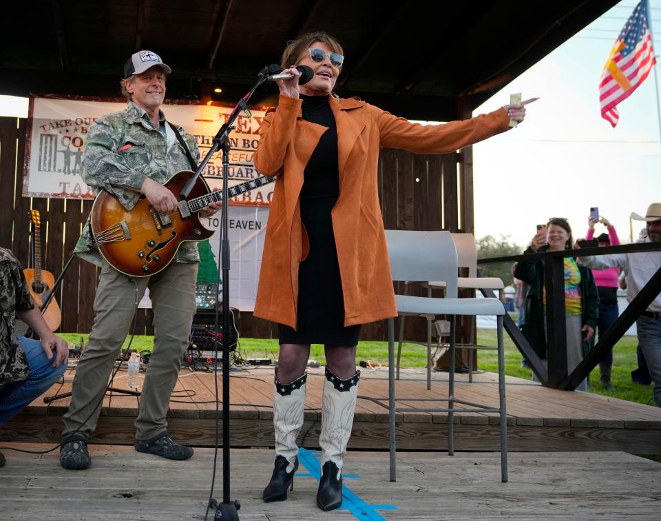 Sarah Palin, former governor of Alaska and 2008 Republican vice presidential nominee, speaks at the Take Our Border Back Convoy rally with rocker Ted Nugent at One Shot Distillery and Brewery in Dripping Springs on Thursday February 1, 2024.