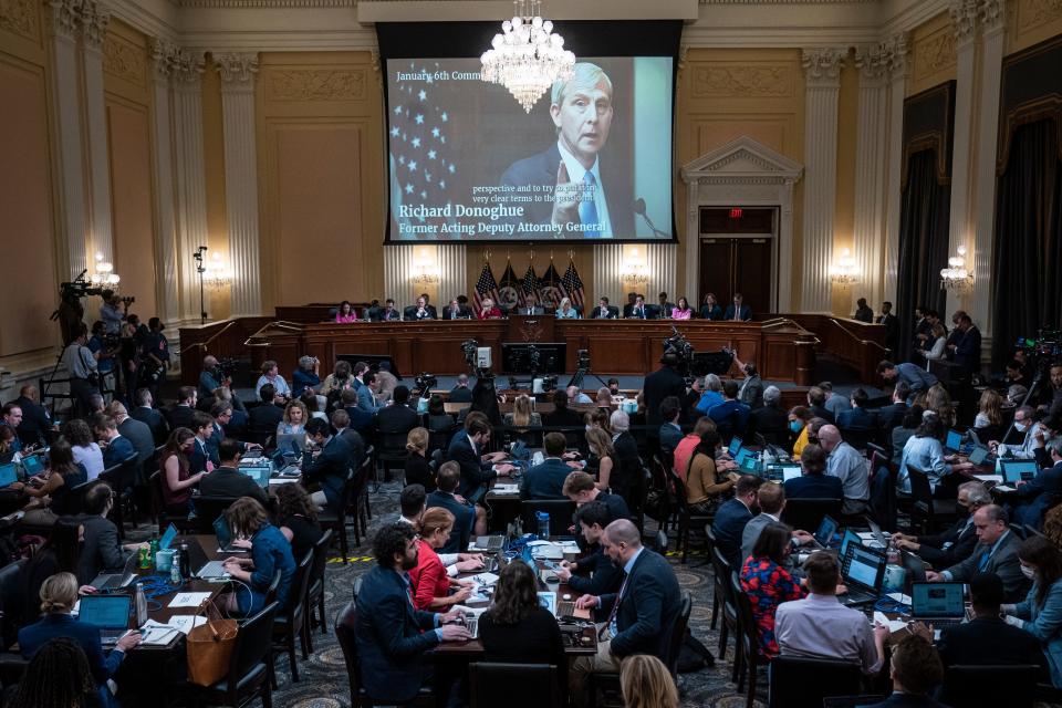 A video of former Acting Deputy Attorney General Richard Donoghue is shown on a screen during the second hearing held by the Select Committee to Investigate the January 6th Attack on the U.S. Capitol on June 13, 2022, on Capitol Hill in Washington, D.C.