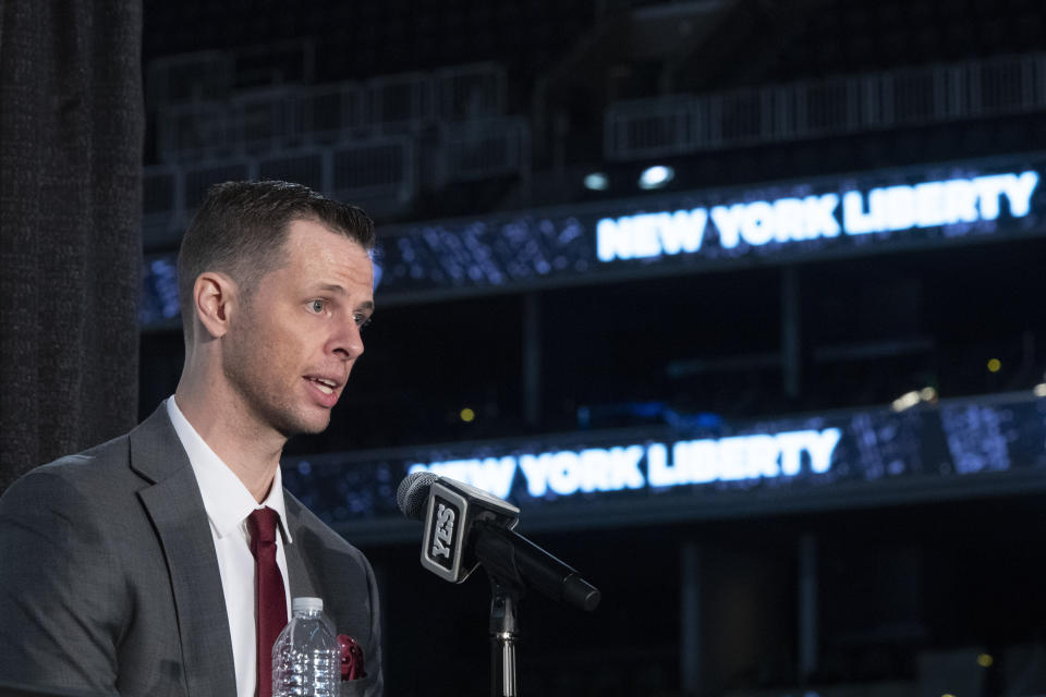 New York Liberty first-year head coach Walt Hopkins is excited to have six rookies on the 12-player roster. (AP Photo/Mary Altaffer)