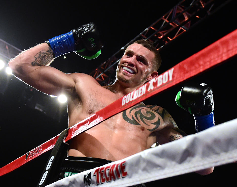 INGLEWOOD, CA - DECEMBER 17:  Joe Smith Jr. reacts after punching Bernard Hopkins out of the ring for a ninth round TKO to win the WBC International Light Heavyweight title at The Forum on December 17, 2016 in Inglewood, California.  (Photo by Harry How/Getty Images)