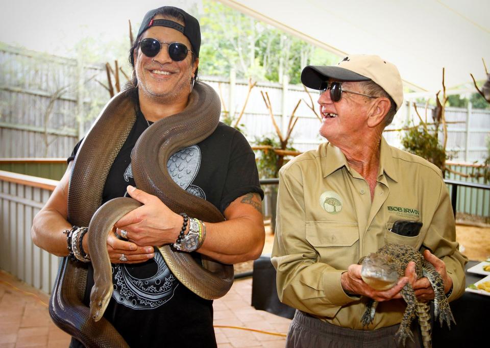 Schlangen waren für Guns-N'-Roses-Gitarrist Slash (links) lange Zeit ein fester Begleiter: Er hielt sich zahlreiche der Reptilien, auch in Videos und Fotoshootings posierte er mit den Tieren. Als sein erster Sohn 2002 auf die Welt kam, spendete er seine Schlangen allerdings einem Zoo. (Bild: Patrick Hamilton/AFP via Getty Images)