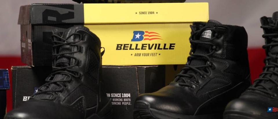 Belleville Shoe Manufacturing Co. boxes feature a logo patterned off the American flag that incorporates the letter “B,” as well as the company’s slogan, “Arm Your Feet,” and a reference to its founding in 1904.