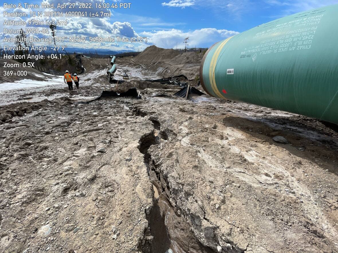A photo taken by a B..C government inspector of a Coastal GasLink pipeline right of way in April 2022 shows soil erosion that violated the conditions of the company's environmental permit.  (Submitted by Ministry of Environment and Climate Change - image credit)