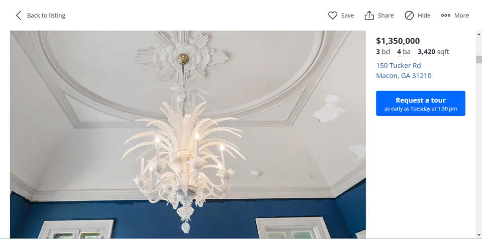 A Venetian glass chandelier hangs in the formal dining room of the historic home known as “Villa Albicini.” The house is for sale for more than $1 million. The home is located at 150 Tucker Road in Macon.