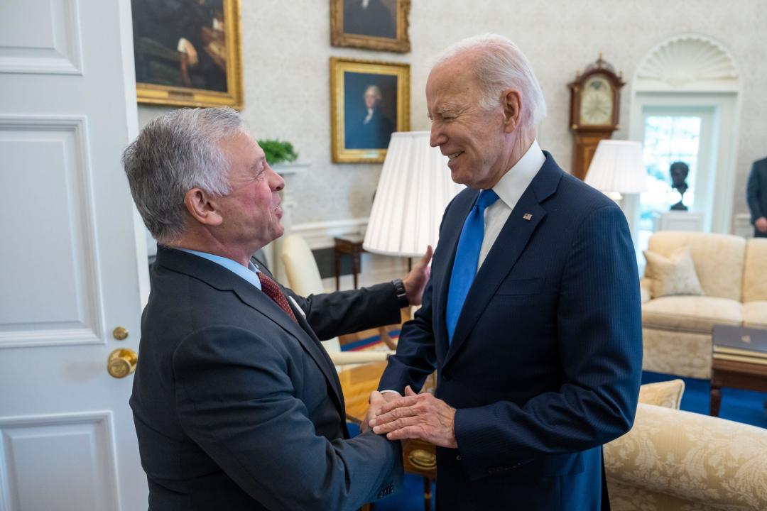 Reportage: President Joe Biden greets King Abdullah II of Jordan, Thursday, February 2, 2023, in the Oval Office of the White House.