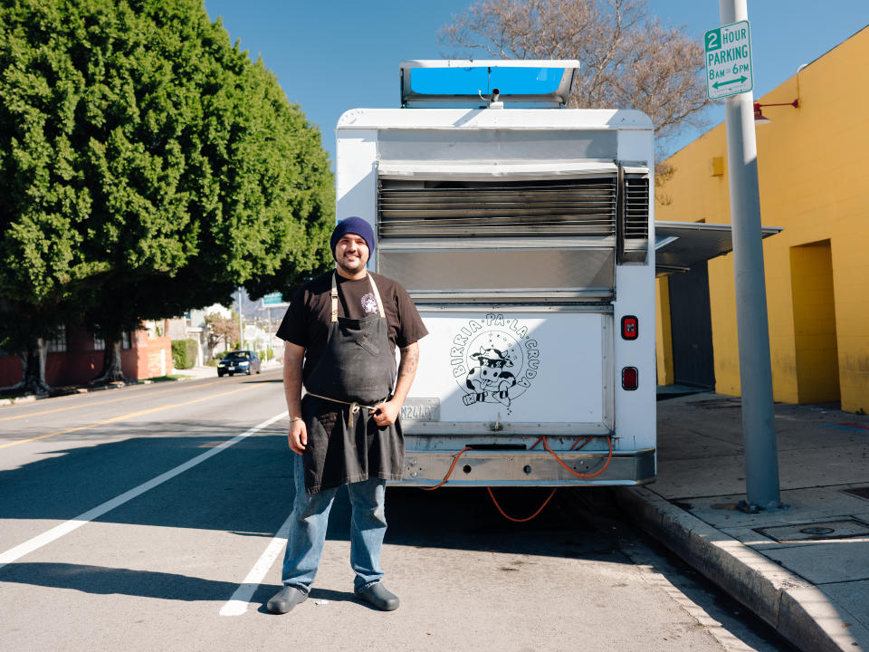 Carlos Jaquez, formerly a cook at Bestia, on Jan. 30, 2021, who started his birria business Birria Pa La Cruda, as a weekend pop-up out of his familyâs home in the El Sereno neighborhood of Los Angeles.  With infinite variations, birria, the regional Mexican stew is now a social-media star in Los Angeles and beyond. (Rozette Rago/The New York Times)