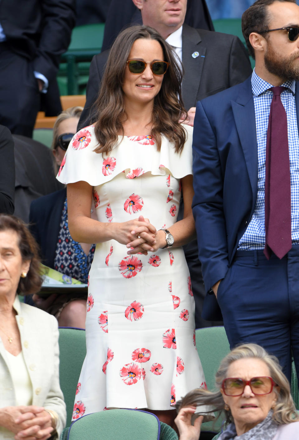 <p>A poppy-print shift dress by London-based designer Suzannah was Pippa's first outfit choice for day one at Wimbledon in 2016.</p>