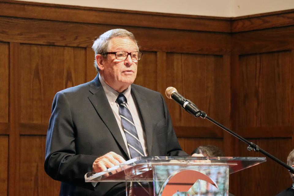 Dyke Rogers, Co-chair of the One West Campaign Leadership Committee, talks about the importance of philanthropic gift to WT at the Joseph A. Hill Memorial Chapel during a gift announcement of $1.5 million from the High Plains Christian Ministries Foundation to renovate, update and maintain the chapel.