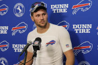 Buffalo Bills quarterback Josh Allen (17) listens to a question during a post game news conference after an NFL football game against the Miami Dolphins, Sunday, Sept. 25, 2022, in Miami Gardens. The Dolphins defeated the Bills 21-19. (AP Photo/Rebecca Blackwell)