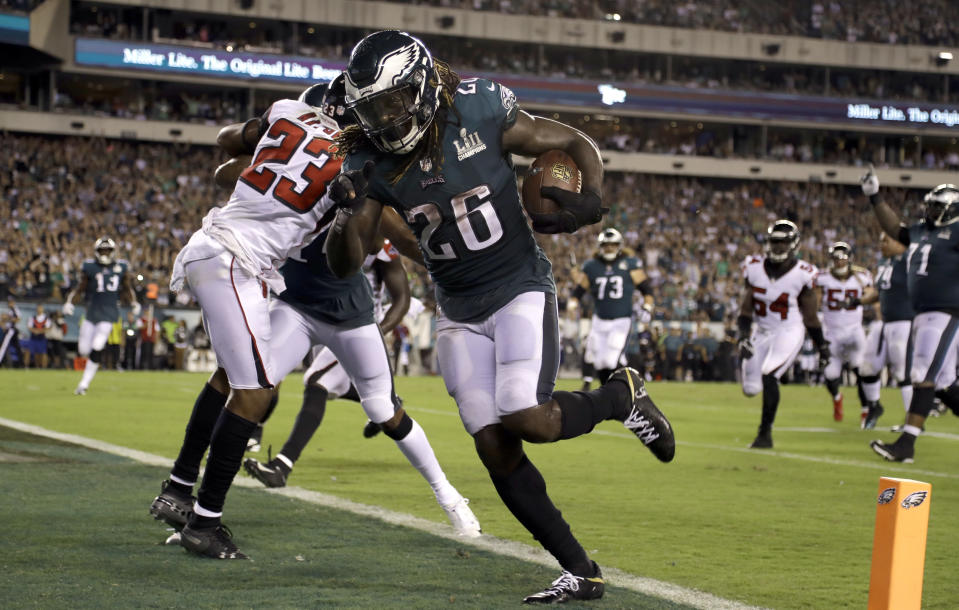 Philadelphia Eagles' Jay Ajayi scores a touchdown during the second half against the Atlanta Falcons in an NFL football game early Friday, Sept. 7, 2018, in Philadelphia. (AP Photo/Matt Rourke)