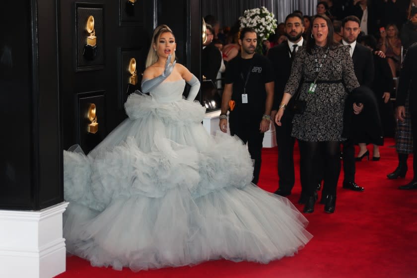 LOS ANGELES, CA - January 26, 2020: Ariana Grande arriving at the 62nd GRAMMY Awards at STAPLES Center in Los Angeles, CA.(Allen J. Schaben / Los Angeles Times)