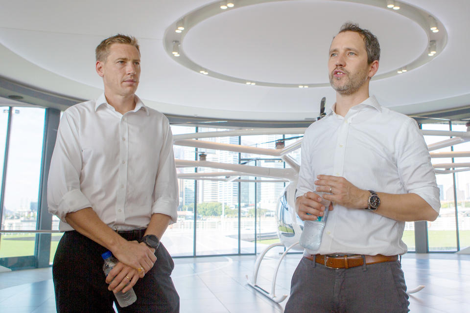 Skyports managing director Duncan Walker (left) and Volocopter CEO Florian Reuter addressing the media at the VoloPort press conference at the Float @ Marina Bay on 21 October 2019. (PHOTO: Dhany Osman / Yahoo News Singapore)