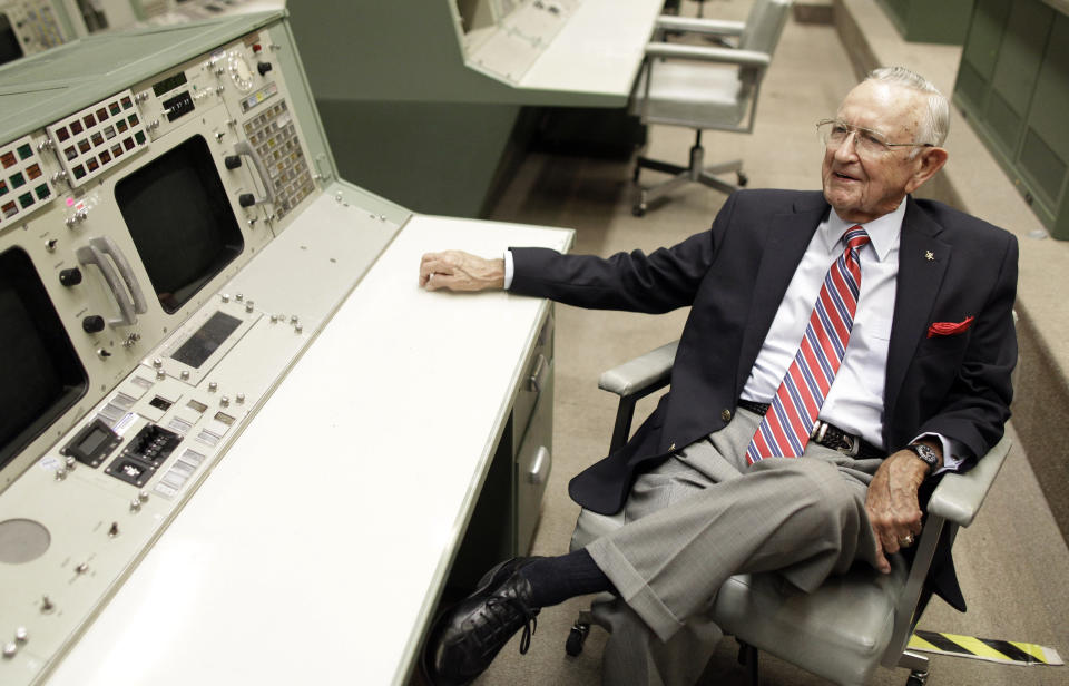 FILE - This Tuesday, July 5, 2011, file photo, NASA Mission Control founder Chris Kraft talks about early Apollo missions during an interview in the old Mission Control at Johnson Space Center in Houston. Kraft, the founder of NASA's mission control, died Monday, July 22, 2019, just two days after the 50th anniversary of the Apollo 11 moon landing. He was 95. (AP Photo/David J. Phillip, File)