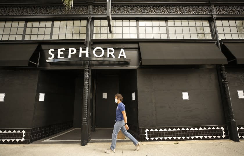 Some stores in Beverly Hills and Pasadena have boarded up the front of their stores during the coronavirus Covid-19 pandemic possibly to avoid vandalism during the crisis.