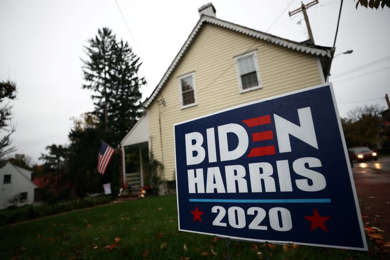 A yard sign supporting Democratic U.S. presidential nominee and former Vice President Joe Biden is seen outside of a house in Lancaster, Pennsylvania