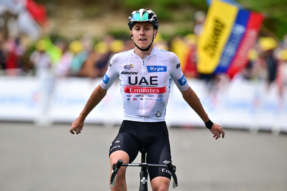 UAE Team Emirates' Slovenian rider Tadej Pogacar cycles to the finish line to win the 6th stage of the 110th edition of the Tour de France cycling race in southwestern France, on July 6, 2023.