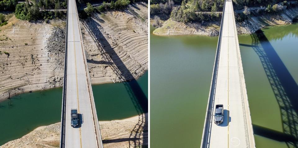 A car crosses Enterprise Bridge over Lake Oroville’s dry banks on May 23, 2021, left, and the same location on March 26, 2023, in Butte County, Calif. (AP Photo/Noah Berger)