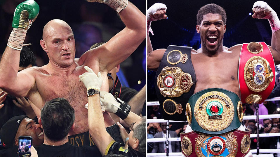 Tyson Fury (pictured left) celebrating and being picked up after his victory over Deontay Wilder and Anthony Joshua (pictured right) with his belts after defeating Andy Ruiz.