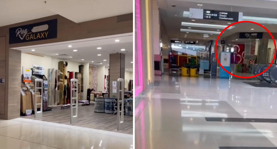 A rug shop is seen open in a shopping centre.