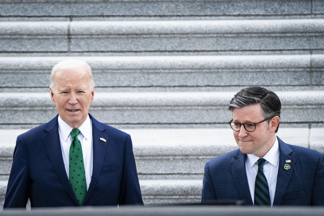 Washington, DC - March 15 : President Joe Biden and House Speaker Mike Johnson, R-La., walk down the House stairs after attending a Friends of Ireland luncheon on Capitol Hill in Washington, DC on Friday, March 15, 2024. (Photo by Jabin Botsford/The Washington Post via Getty Images)