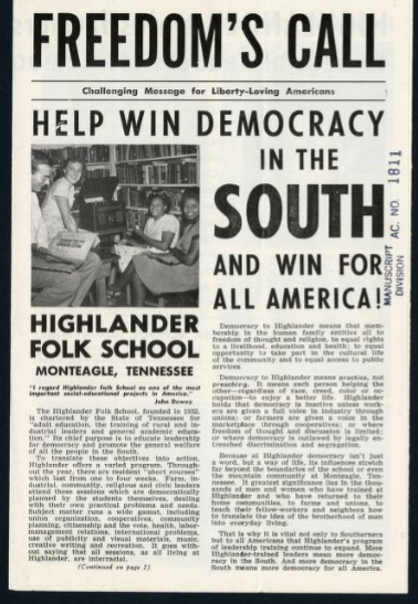 A fundraising pamphlet promotes the Highlander's civil rights and union organizing work.