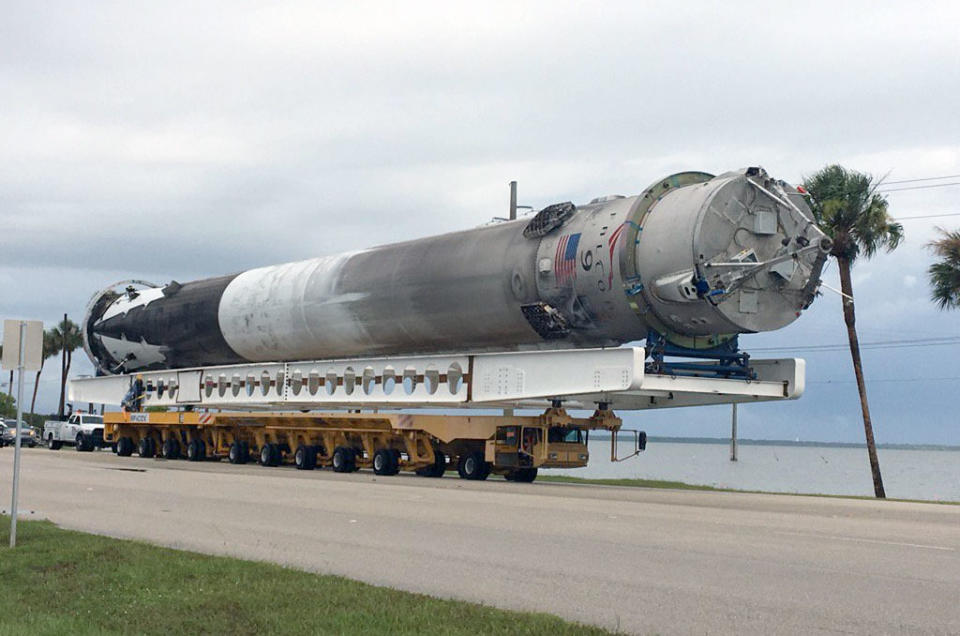 NASA's former Orbiter Transporter System (OTS) is seen moving a recovered SpaceX Falcon 9 stage from Port Canaveral to Kennedy Space Center, Fla. on Aug. 24, 2016.