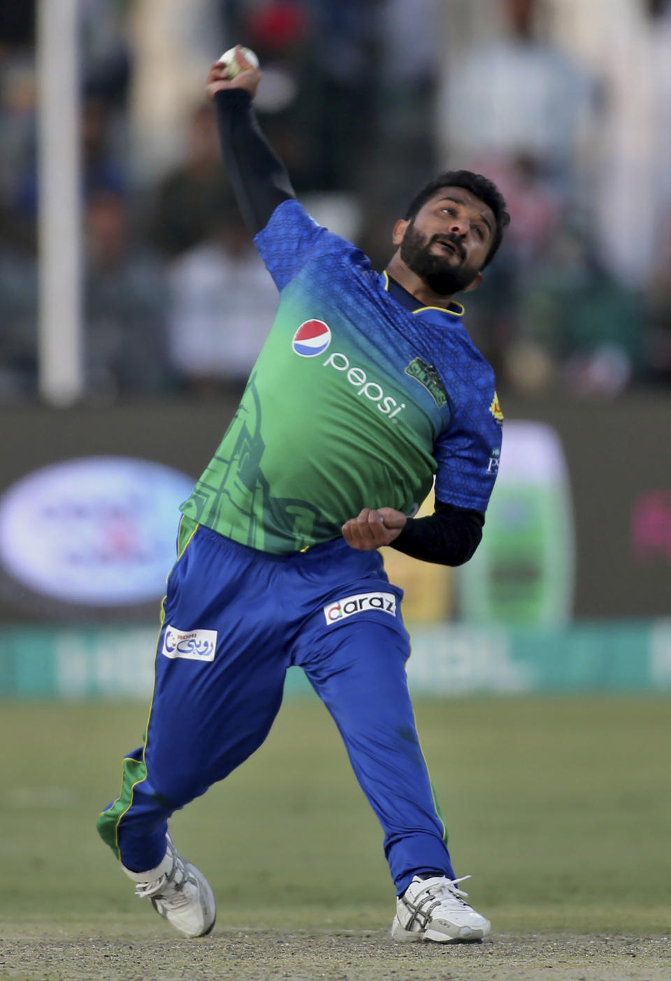 Multan Sultans pacer Bilawal Bhatti bowls during the Pakistan Super League T20 cricket match against Quetta Gladiators, in Multan, Pakistan, Saturday, Feb. 29, 2020. (AP Photo/K.M. Chaudary)