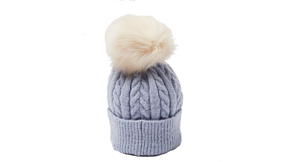 Cable Knit & Pom Blue Beanie Hat