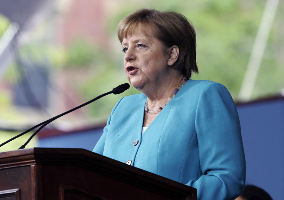 German Chancellor Angela Merkel delivers the commencement address during Harvard University commencement exercises, Thursday, May 30, 2019, on the school's campus, in Cambridge, Mass. (AP Photo/Steven Senne)