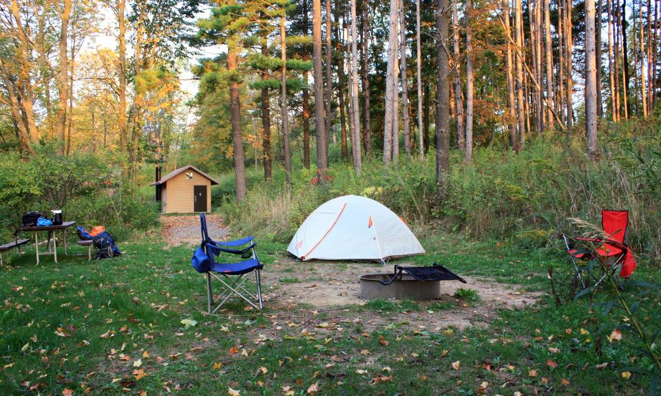 Campsite 108 at Wildcat Mountain State Park is situated near a vault toilet in a stand of pines. The campsite is one of 20 cart-in sites at the park. 