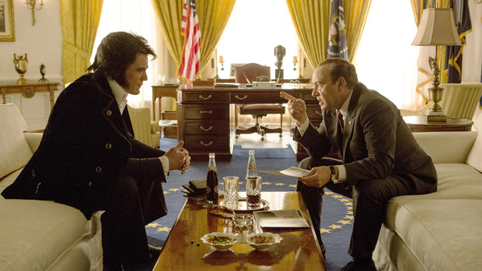 Michael Shannon as Elvis and Kevin Spacey as Richard Nixon converse in "Elvis & Nixon"