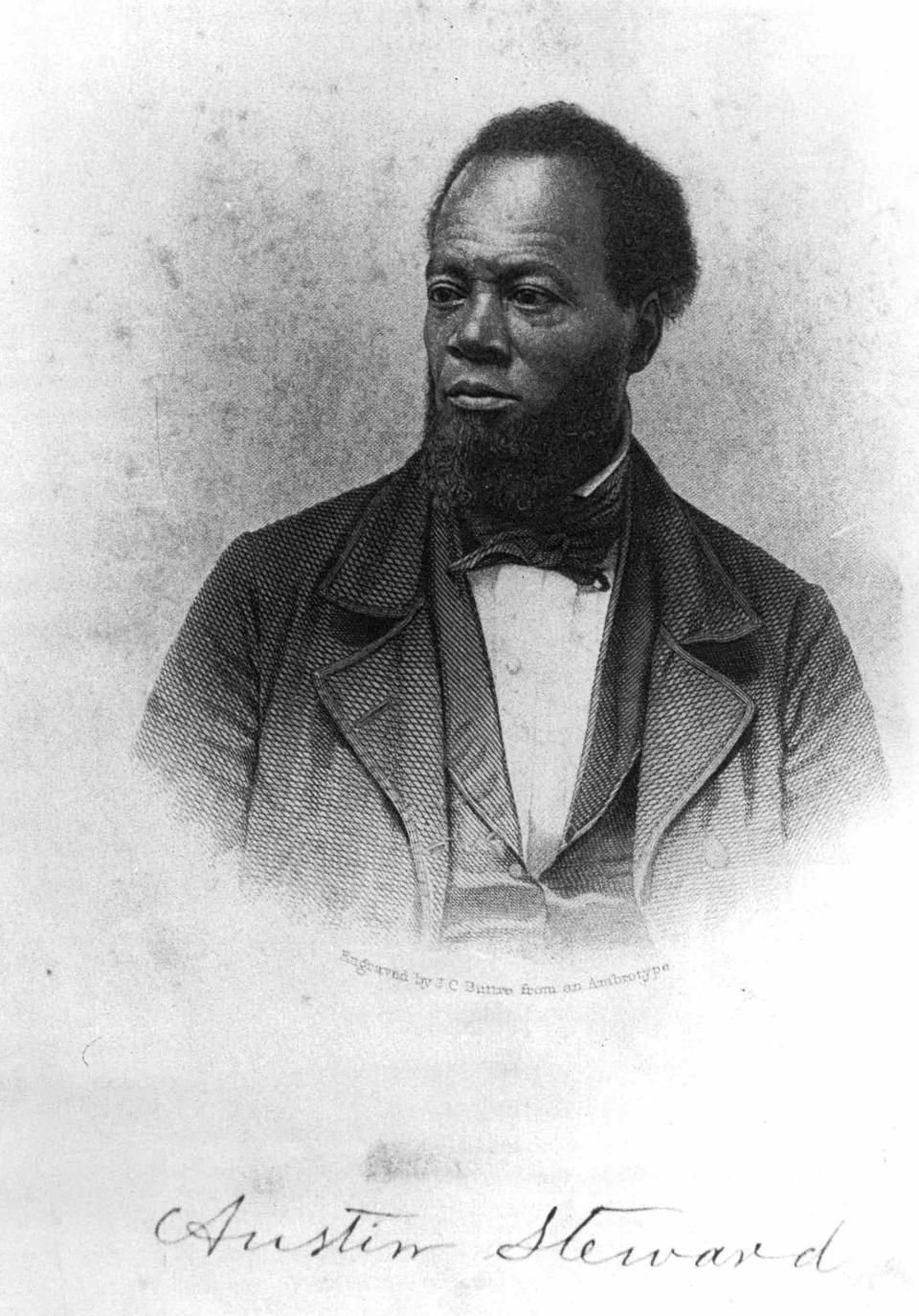 Austin Steward, Rochester business man, who wrote his autobiography "Twenty-two Years a Slave and Forty Years a Freeman". This engraving is from that book, 1857.