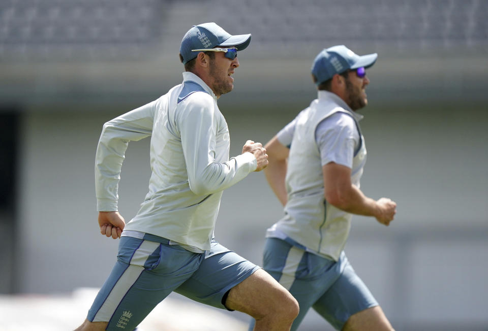 England's Craig Overton, left, and Jamie Overton during a nets session at Emerald Headingley Stadium, Leeds, Tuesday June 21, 2022, ahead of the 3rd test match against England. (Tim Goode/PA via AP)