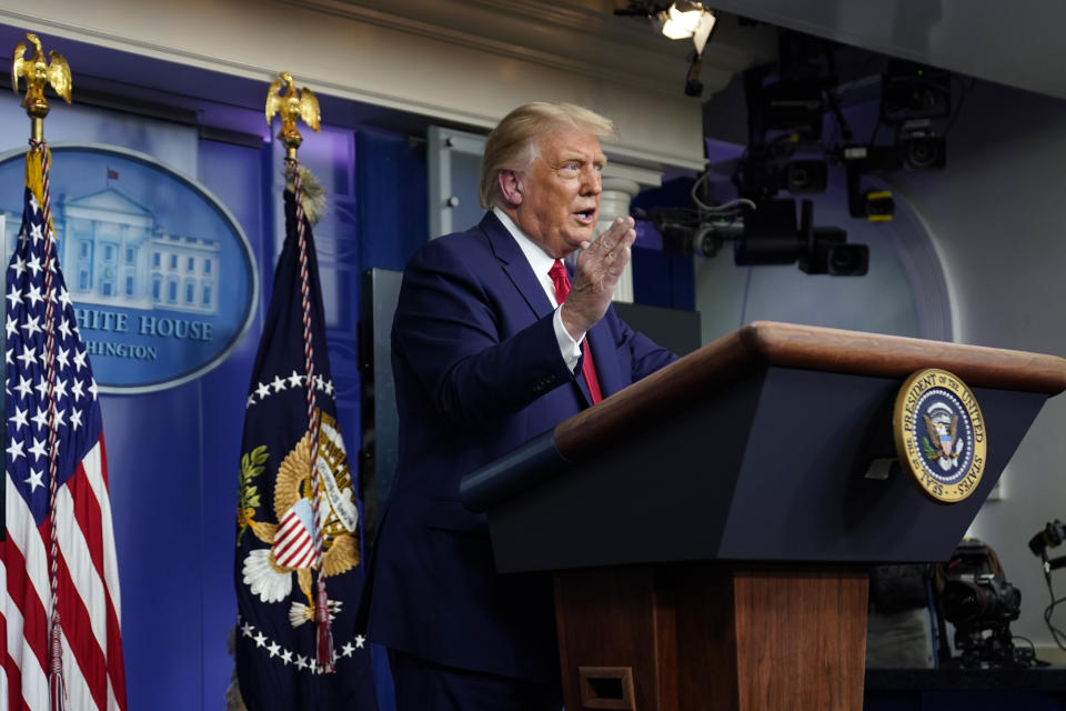 President Donald Trump speaks during a news conference at the White House, Wednesday, Sept. 16, 2020, in Washington. (AP Photo/Evan Vucci)