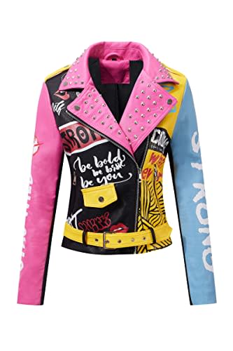 Bellivera Faux Leather Jacket for Women Studded Rivet Floral Moto Biker Coat 0375 Pink S
