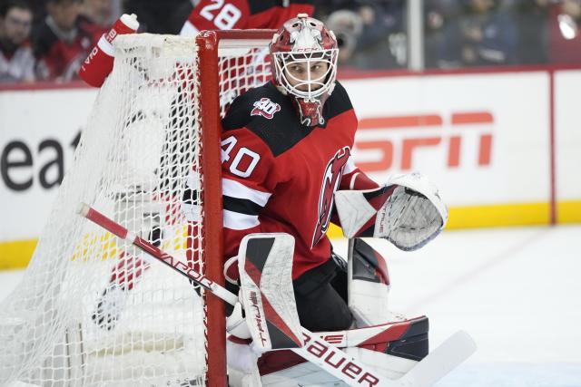 New Jersey Devils' Erik Haula celebrates his goal during the first period  of Game 2 of an NHL hockey Stanley Cup first-round playoff series against  the New York Rangers in Newark, N.J.