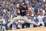 Oct 1, 2018; Chicago, IL, USA; Milwaukee Brewers relief pitcher Josh Hader (71) delivers a pitch in the eighth inning against the Chicago Cubs in the National League Central division tiebreaker game at Wrigley Field. Mandatory Credit: Patrick Gorski-USA TODAY Sports